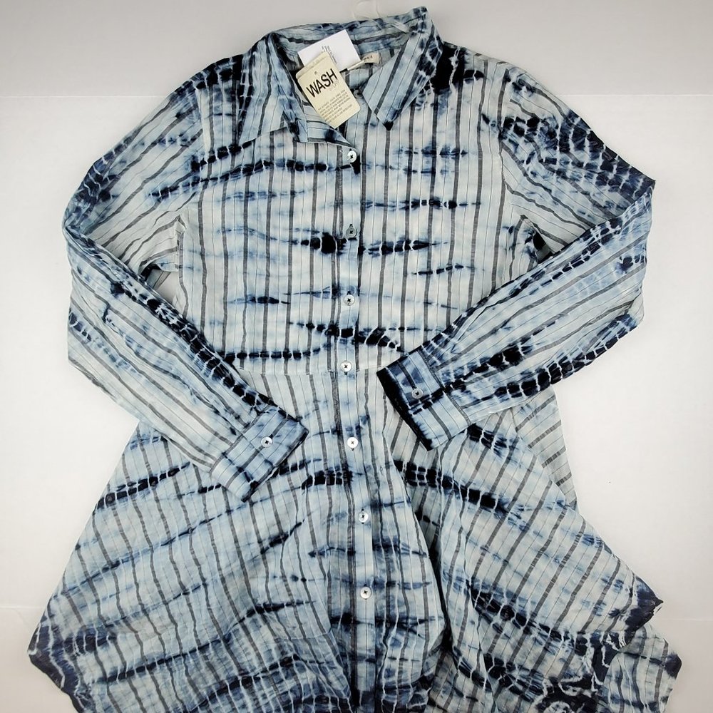 NWT Studio West Apparel Long Button Down Flowy Tunic Blue Metallic Size M